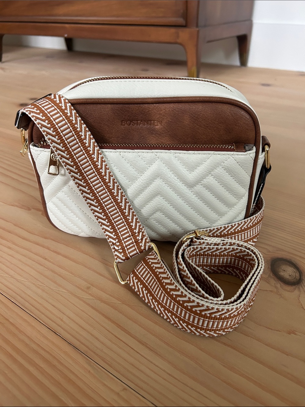 White and Brown Quilted Crossbody with Patterned Strap